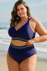 Embroidered Trim Wrap Tie Knot Plus Size High Waisted Bikini