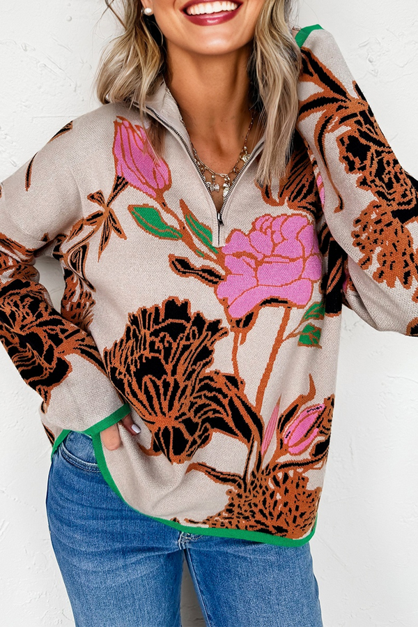 Floral Pattern Knit Quarter Zip Stand Neck Sweater
