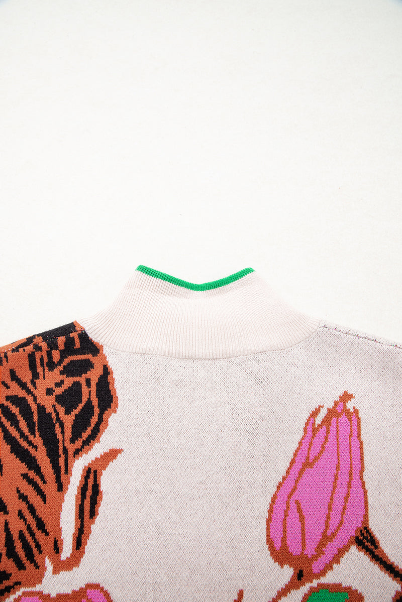 Floral Pattern Knit Quarter Zip Stand Neck Sweater