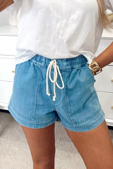Contrast Drawstring Elastic Waist Denim Shorts