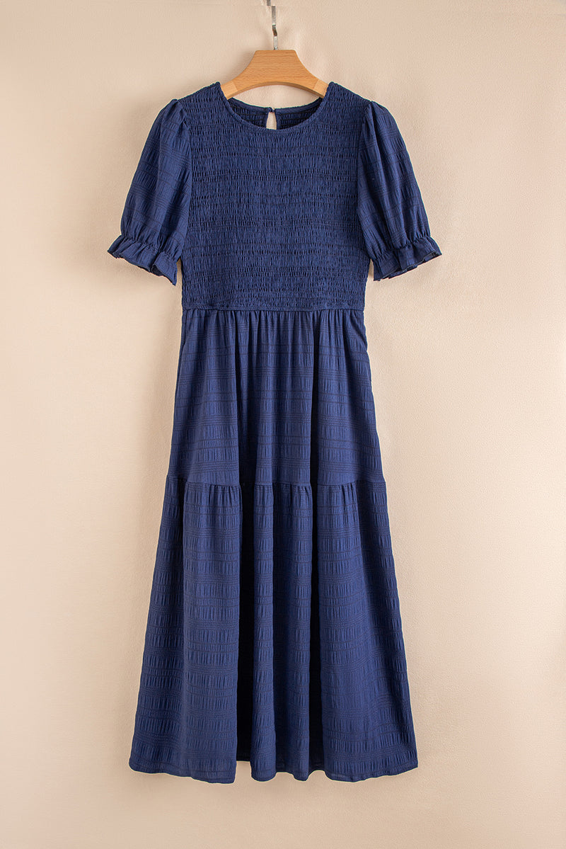 Solid Textured Smocked Puff Short Sleeve High Waist Long Dress