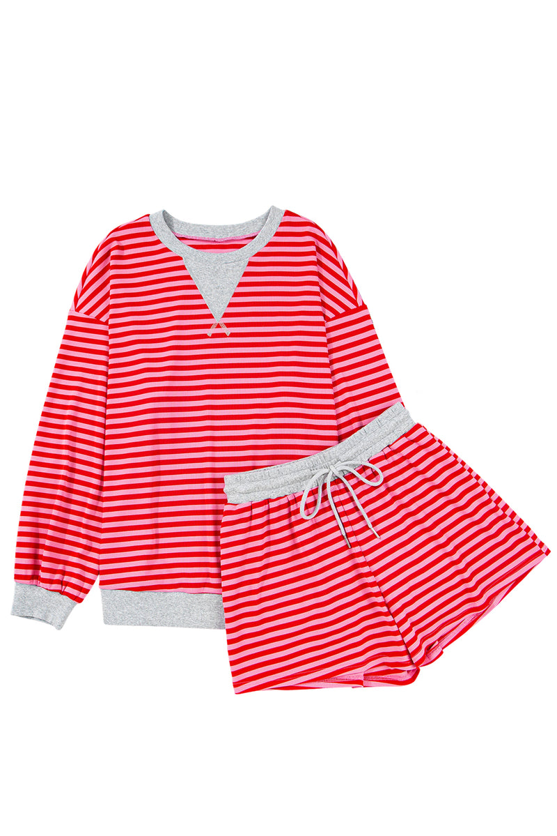 Stripe Drop Shoulder Baggy Pullover and Shorts Casual Set