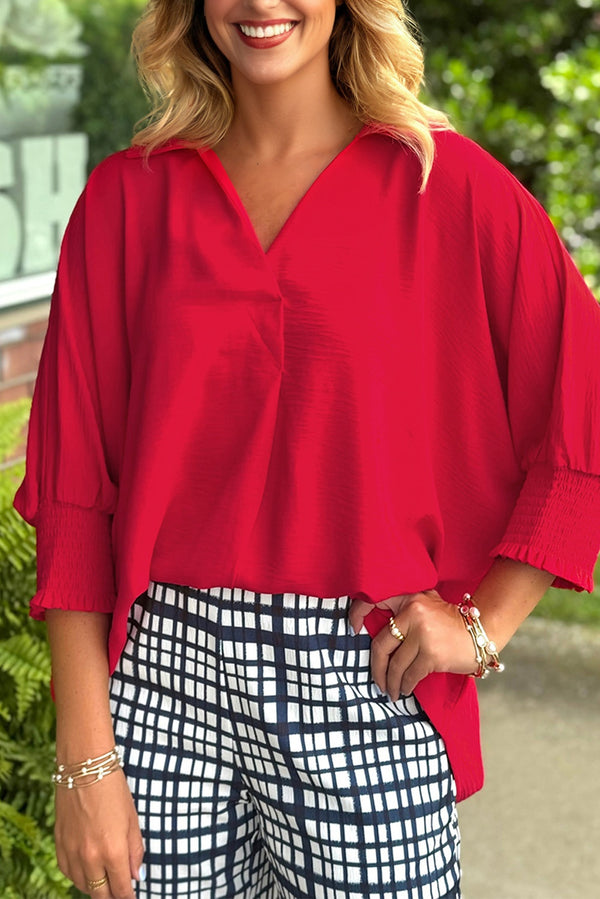 V Neck Collared Shirred 3/4 Sleeve Oversized Tunic Top