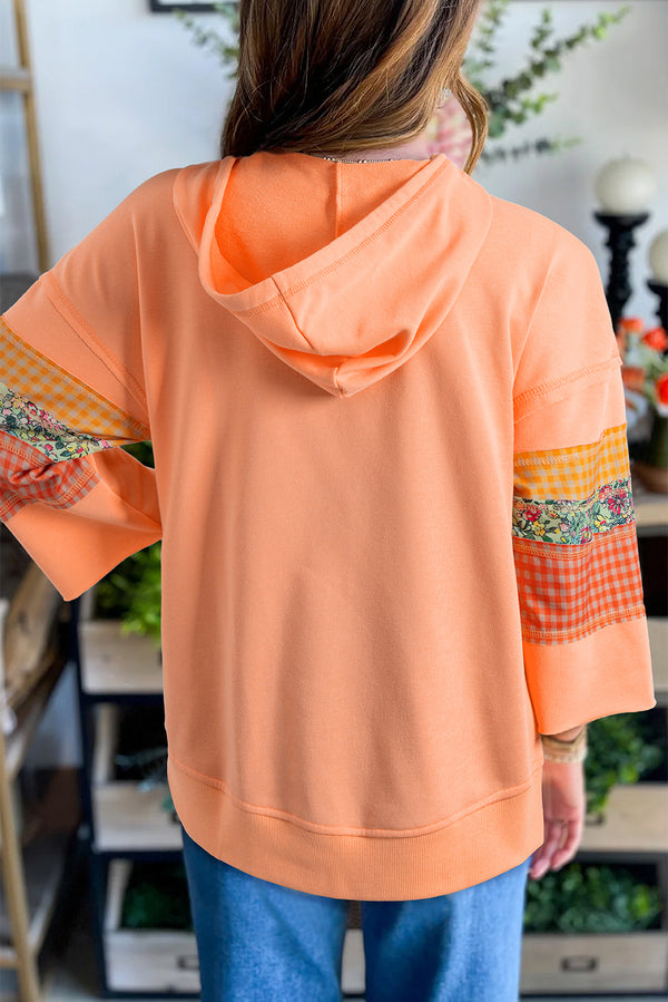 Plaid Floral Patchwork Kangaroo Pocket Hooded Long Sleeve Top