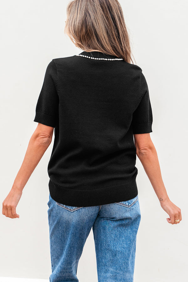 Bow Necklace Embellished Short Sleeve Knitted T Shirt