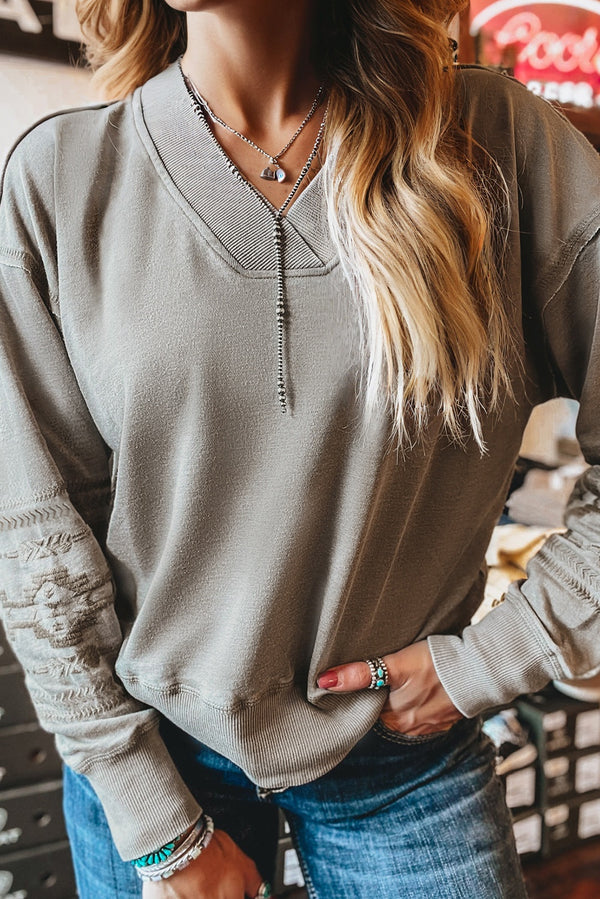 Beige Aztec Embroidered Western V Neck Sweatshirt