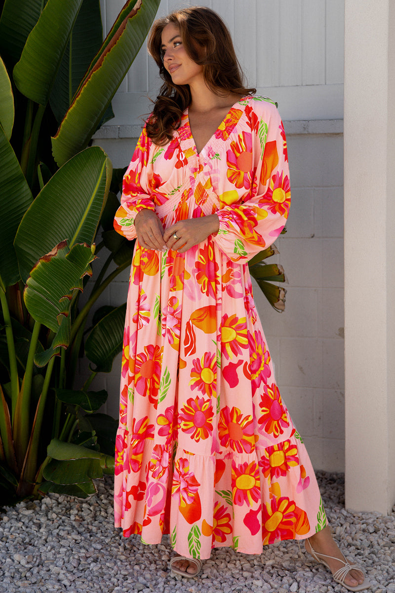 Floral Print Smocked Detail V Neck Puff Sleeve Flowy Maxi Dress