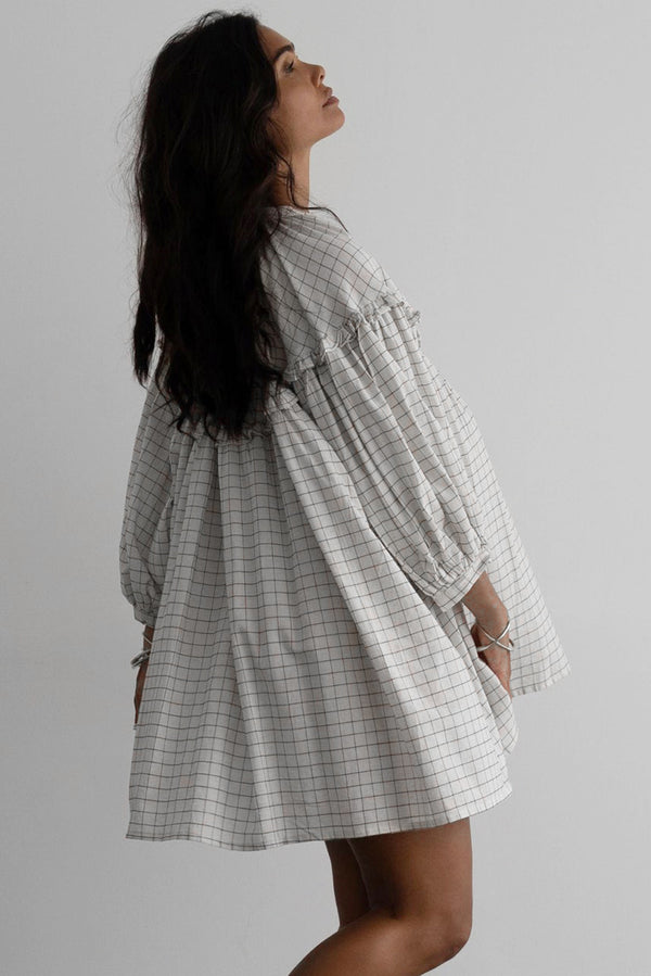 Stripe Checkered Frilled V Neck Bracelet Sleeve Babydoll Dress