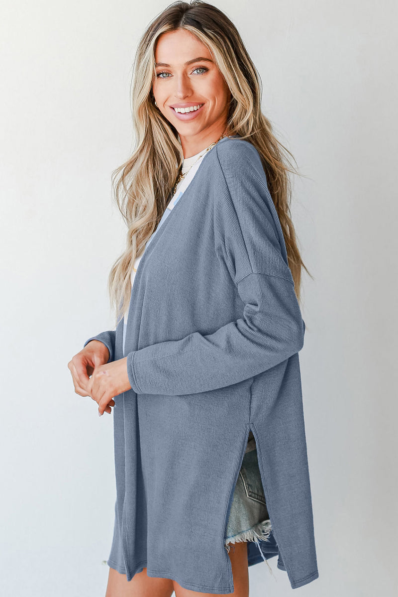 Solid Color Rib Knit Open Front Tunic Cardigan