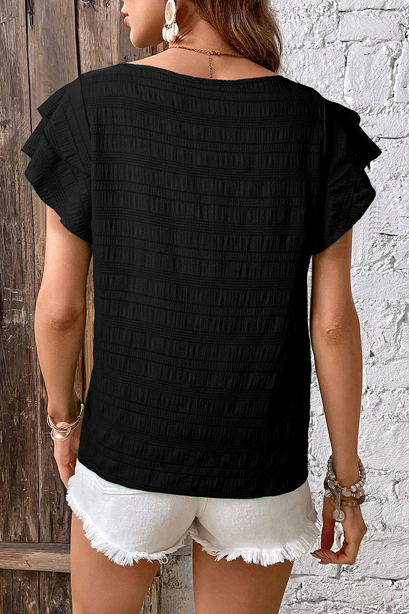 Textured Ruffled Sleeve Round Neck Top Blouse