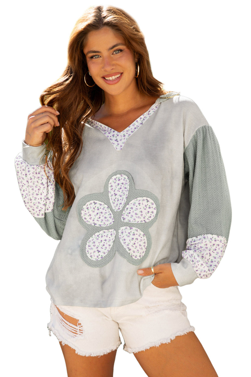 Light Grey Floral Patched Waffle Textured Color block V Neck Casual Hooded Top
