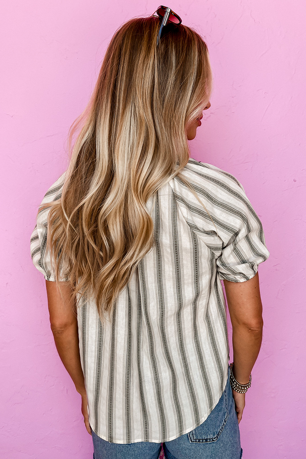 Stripe Frilled Tie Neck Short Sleeve Blouse