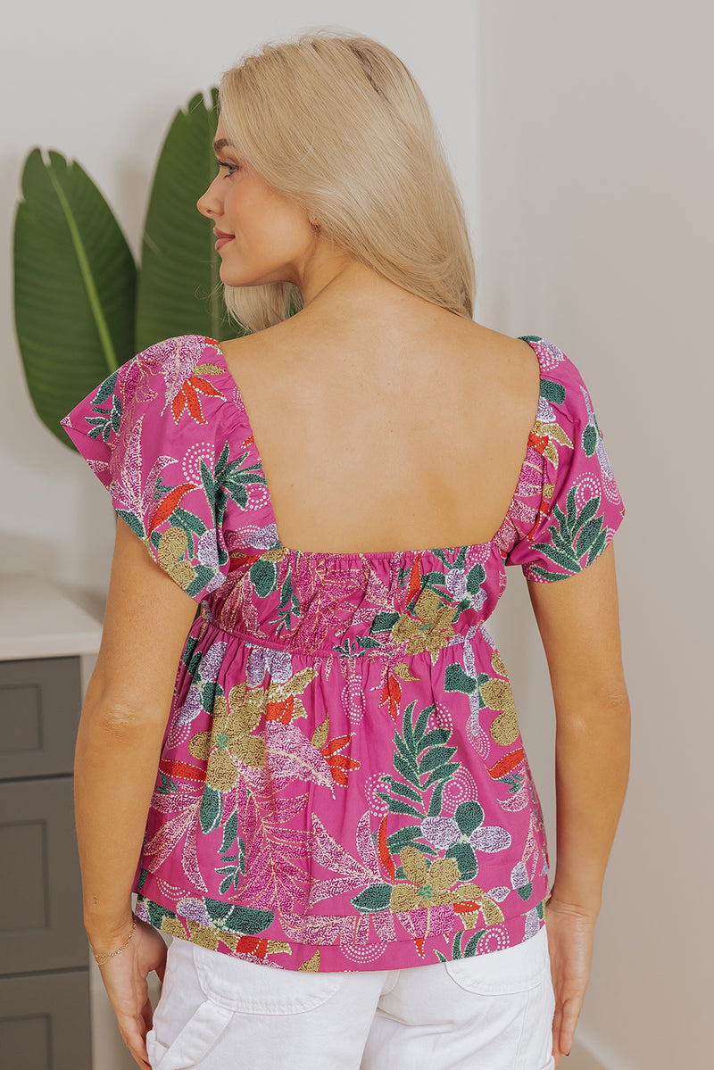 Floral Print Sweetheart Neck Flutter Sleeve Blouse