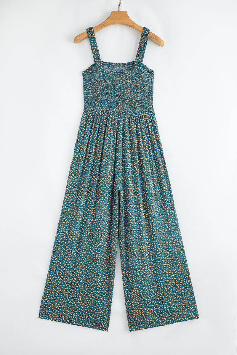 Floral Print Smocked High Waist Square Neck Jumpsuit