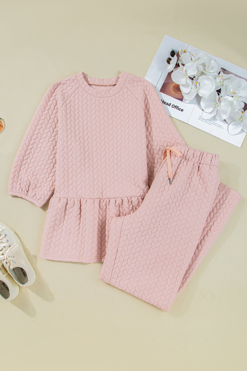 Braided Texture Ruffle Hem Top Drawstring Loose Pants Set