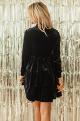 Solid Velvet High Neck Tiered Ruffle Mini Dress
