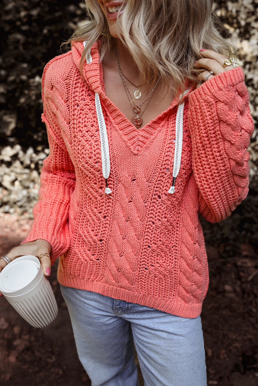 Solid Cable Knit V Neck Contrast Drawstring Hooded Sweater