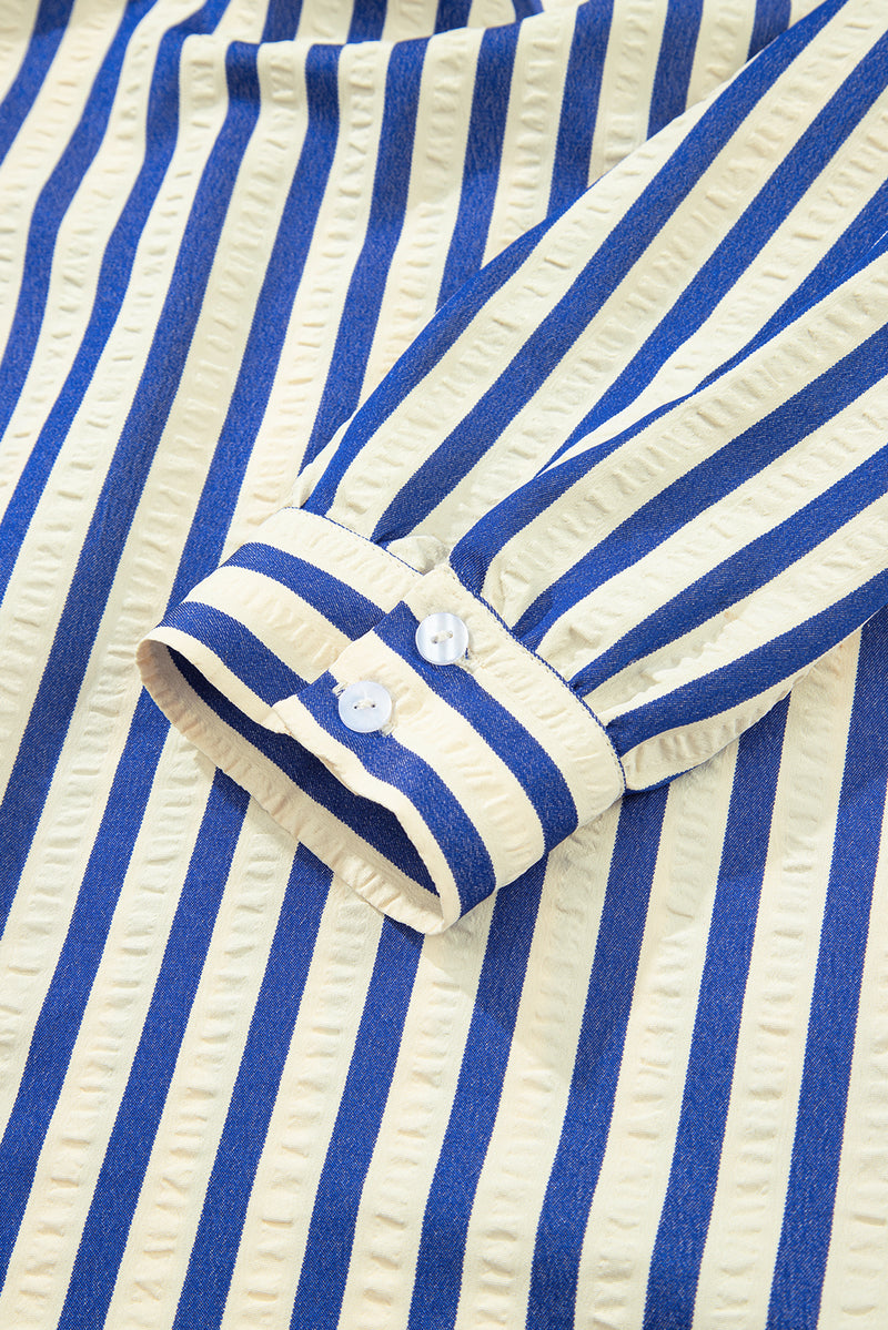 Stripe Collared Half Button Side Pockets Loose Fit Mini Dress