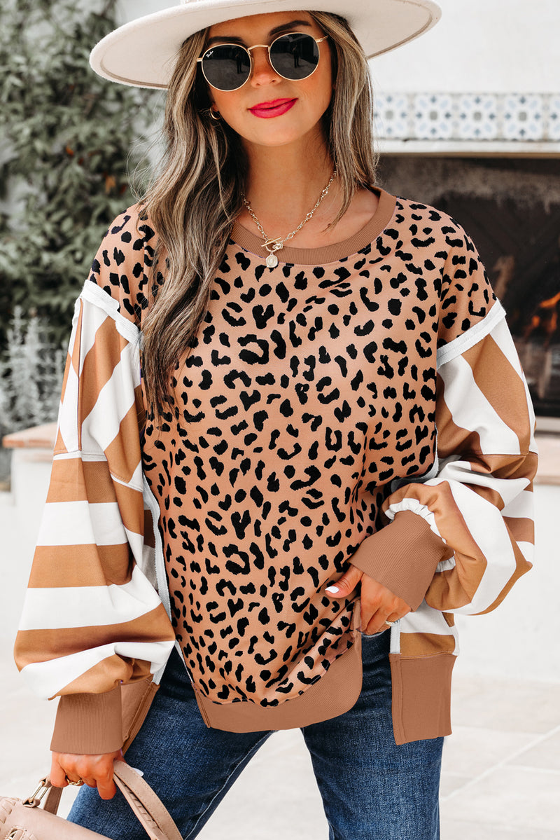 Stripe Color Block Patchwork Leopard Casual Sweatshirt with Slits