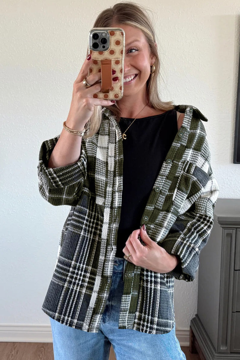 Plaid Print Textured Knit Buttoned Shacket