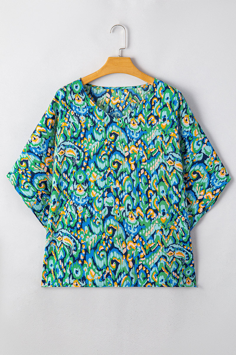 Solid Abstract Print V Neck Half Sleeve Loose Fit Tunic Blouse