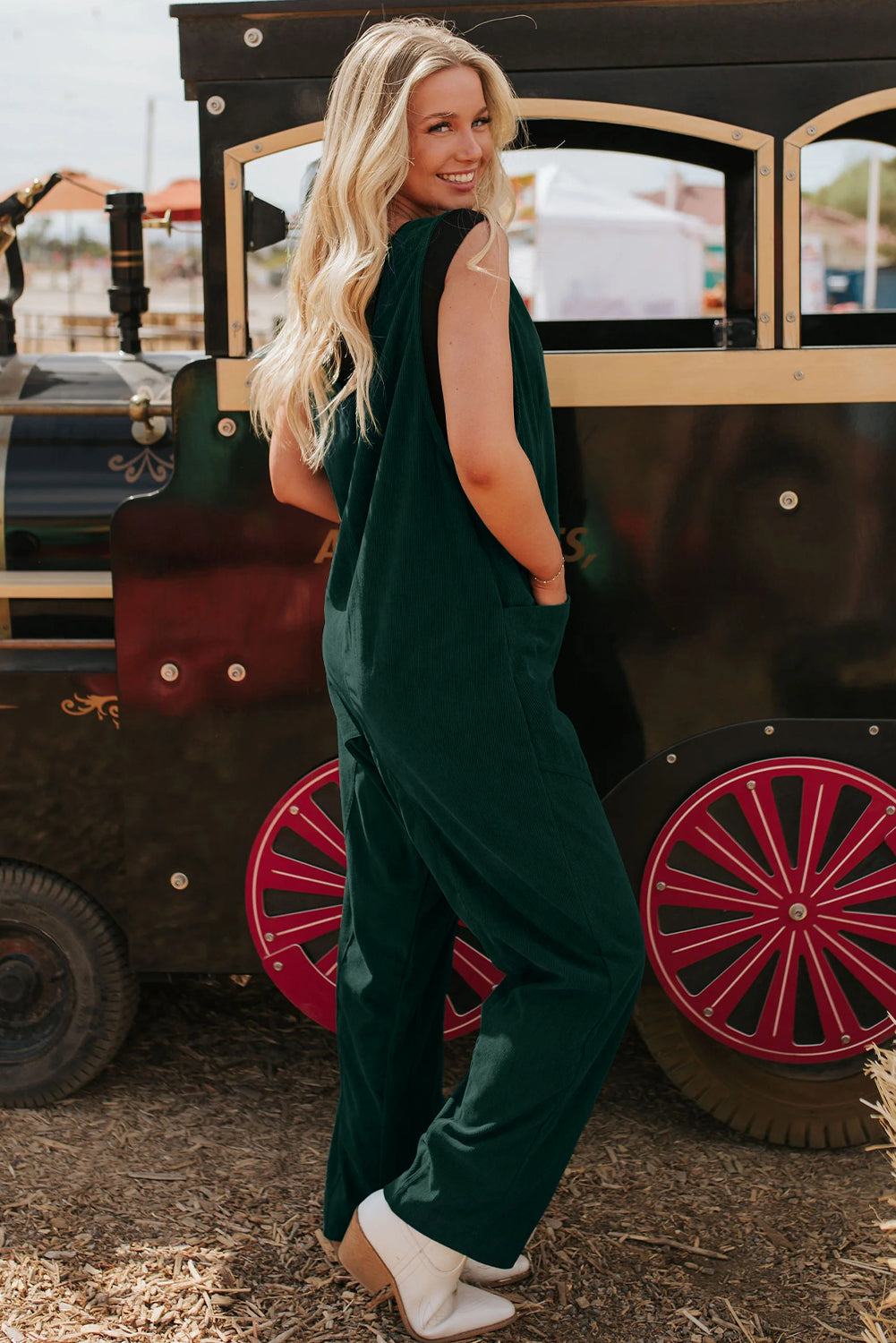 Corduroy V Neck Patched Pocket Sleeveless Jumpsuit