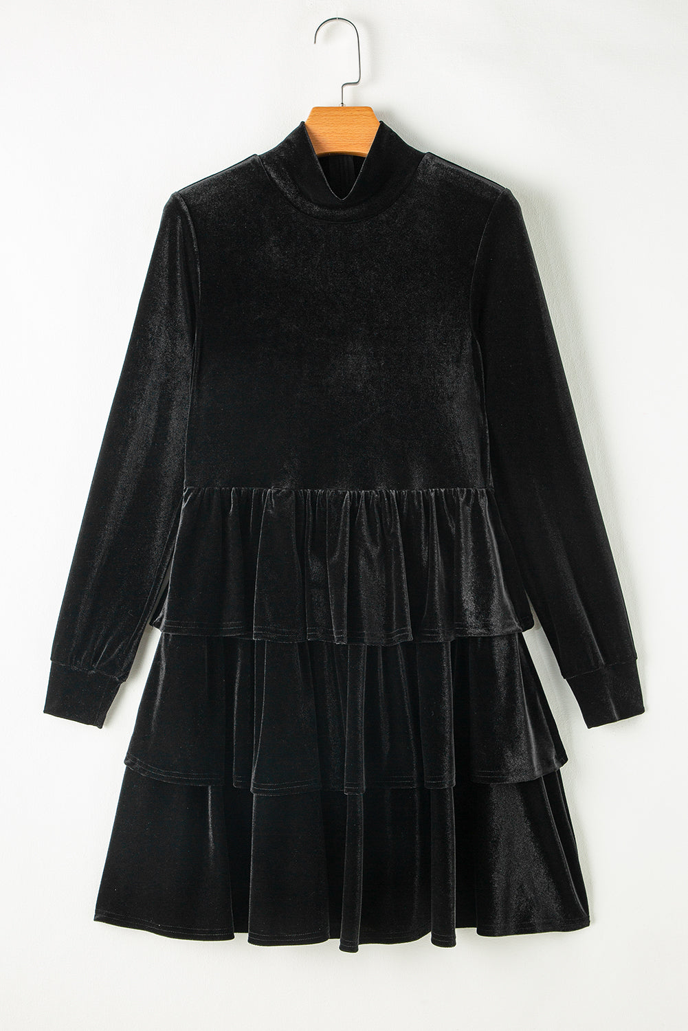 Solid Velvet High Neck Tiered Ruffle Mini Dress