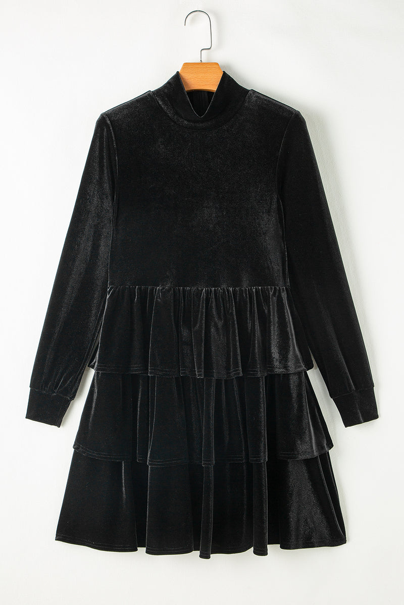Solid Velvet High Neck Tiered Ruffle Mini Dress