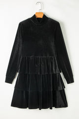 Solid Velvet High Neck Tiered Ruffle Mini Dress