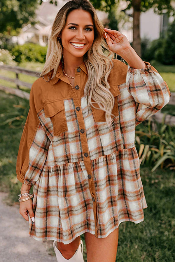 Plaid Color Block Patchwork Ruffle Hem Tunic Shirt Dress