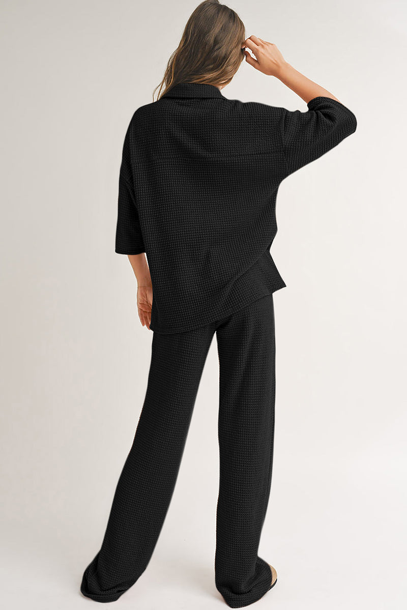 Textured Buttoned Shirt and Casual Pants Set