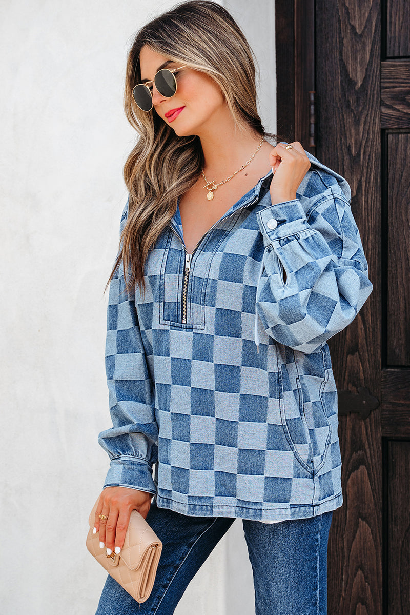 Checkerboard Zipped Neck Kangaroo Pocket Denim Hoodie