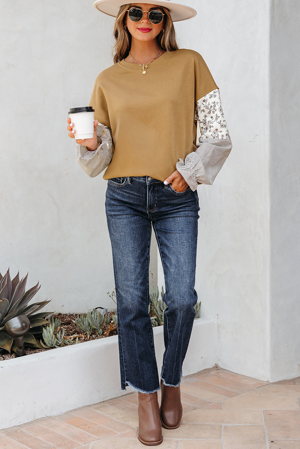 Floral Striped Patchwork Ruffled Sleeve Crew Neck Sweatshirt