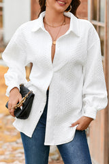 Solid Cable Texture Puff Sleeve Loose Shacket