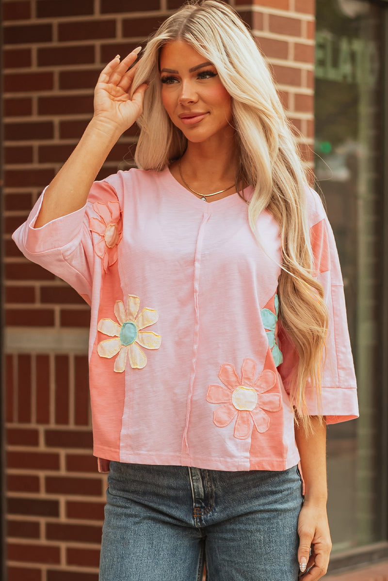 Flower Patched Exposed Seam Bracelet Sleeve Oversized T Shirt