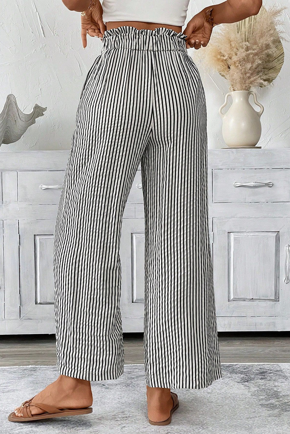 Stripe Tied High Waist Loose Straight Casual Pants