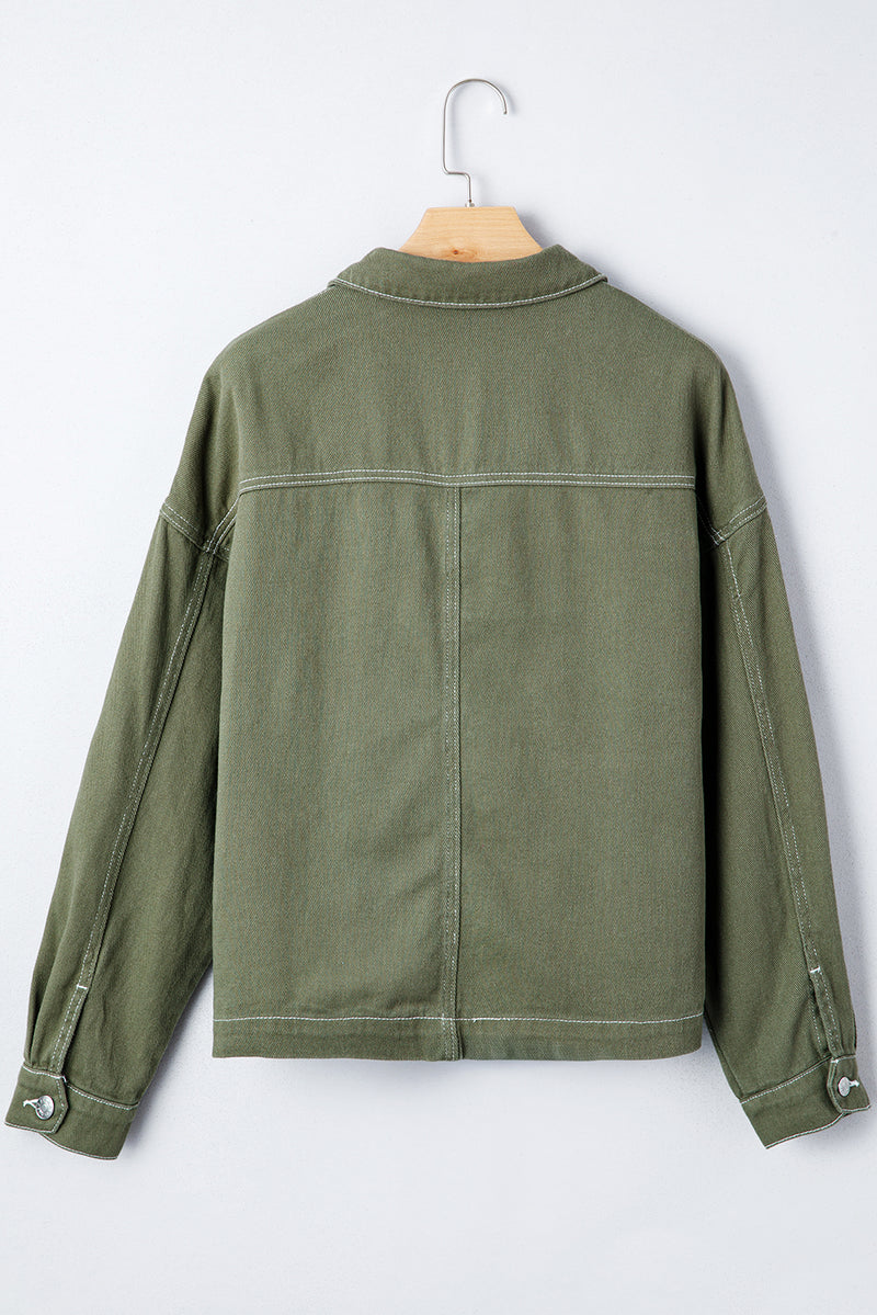 Moss Green Patched Pocket Collared Button Front Boyfriend Denim Jacket