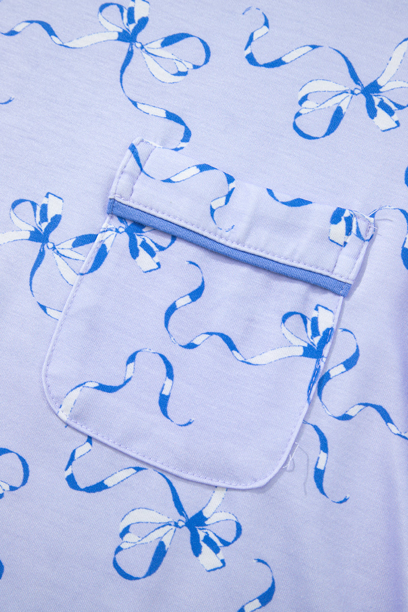 Sky Blue Bow Printed Ruffled Short Lounge Set