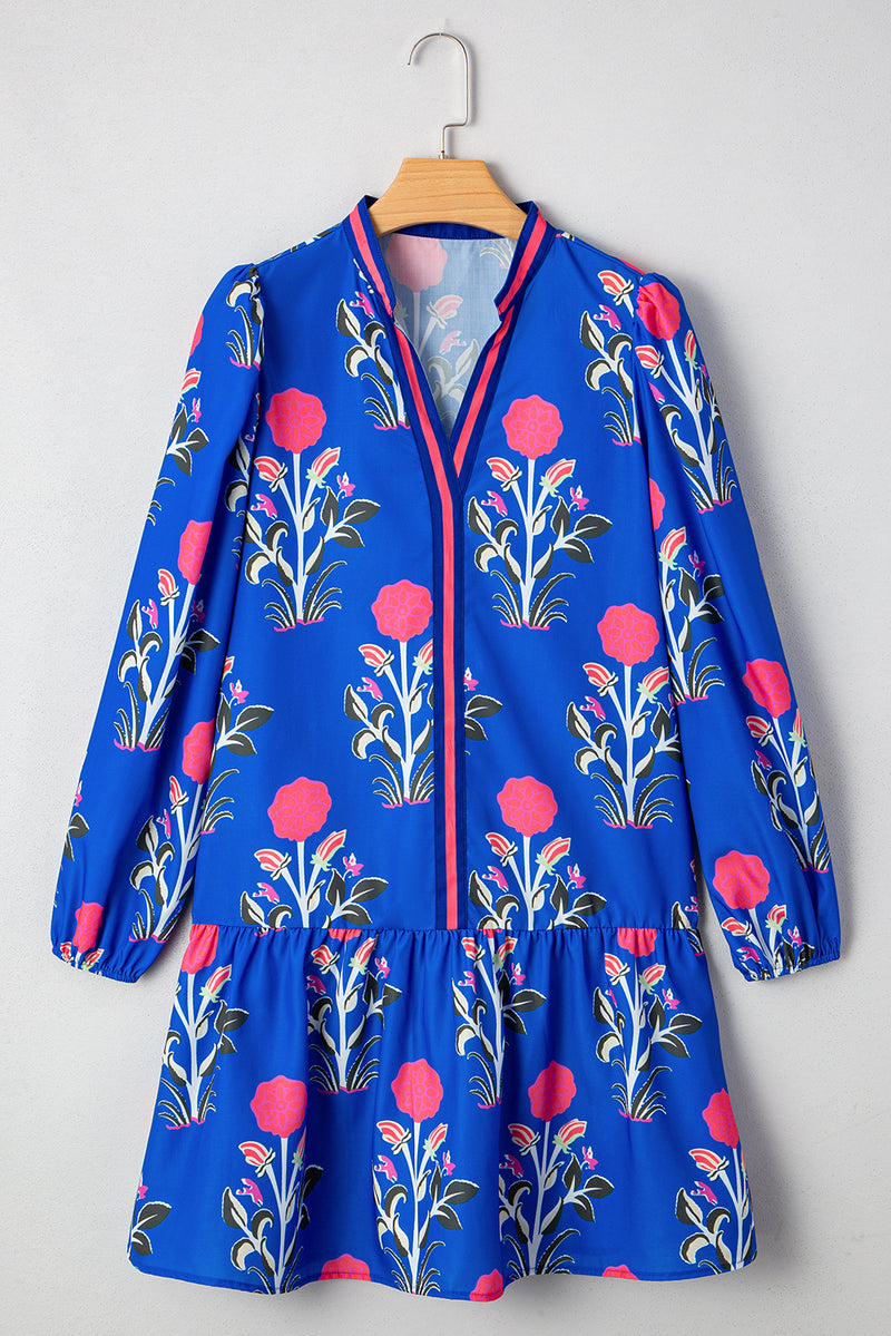 Floral Print Contrast Striped Trim Notched Neck Long Sleeve Dress