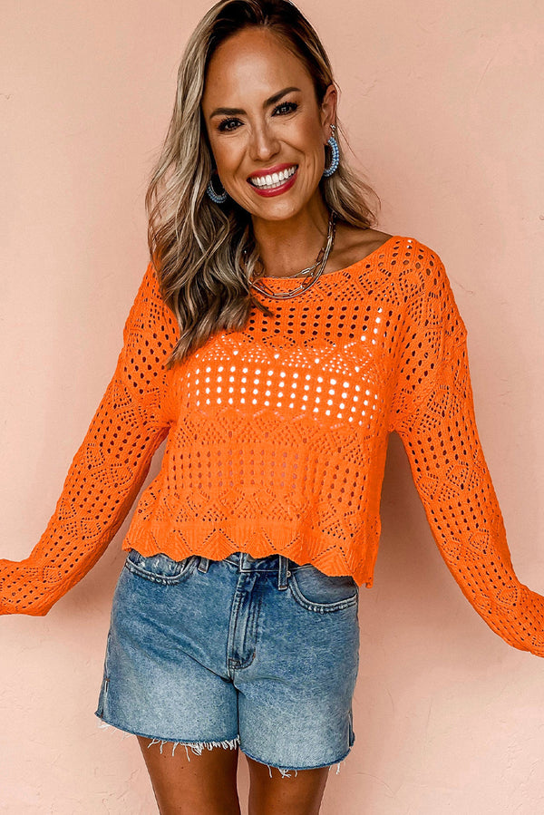 Orange Solid Color Open Crochet Scallop Edge Sweater