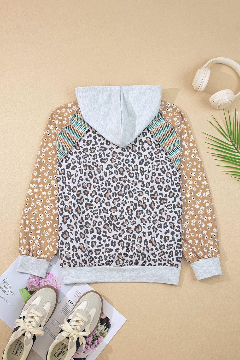 Leopard Floral Patchwork Drawstring Hoodie