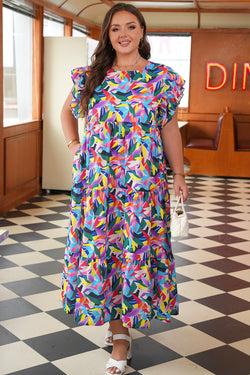 Geometric Print Ruffled Short Sleeve Plus Size Tiered Maxi Dress