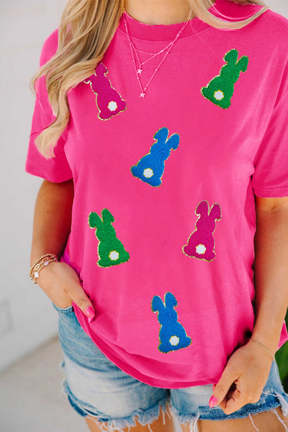 Easter Rabbit Chenille Patched Pattern Crew Neck Tee
