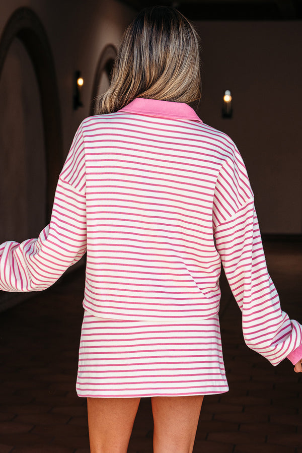 Stripe Collared V Neck Drop Shoulder Pullover and Skort 2pcs Outfit