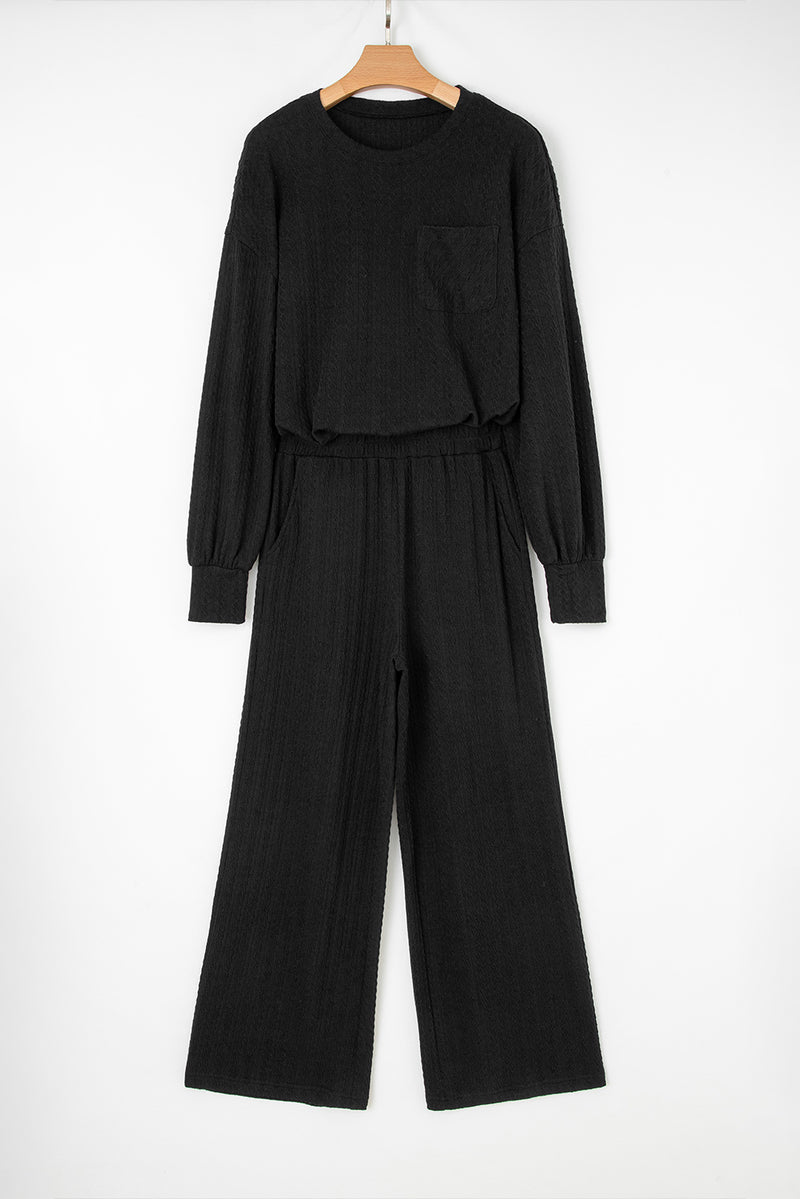 Textured Chest Pocket Long Sleeve Top 2Pcs Pants Set