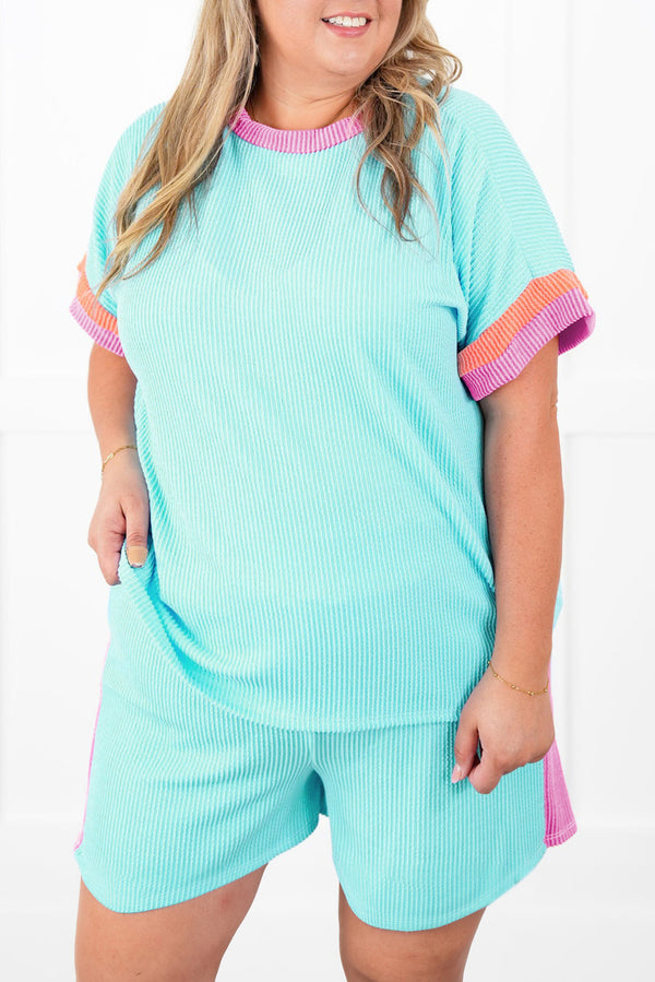 Plus Size Color Block Corded Knit Tee and Shorts Set