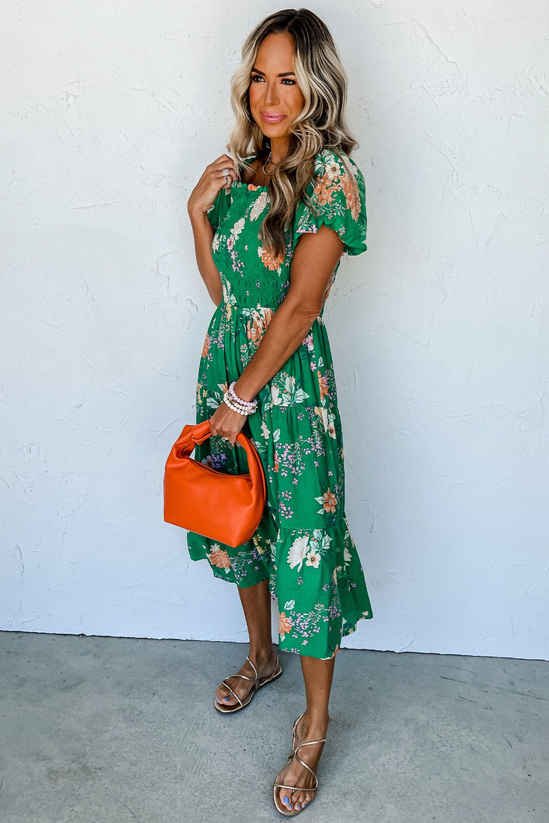 Floral Print Bubble Sleeve Smocked Tiered Midi Dress