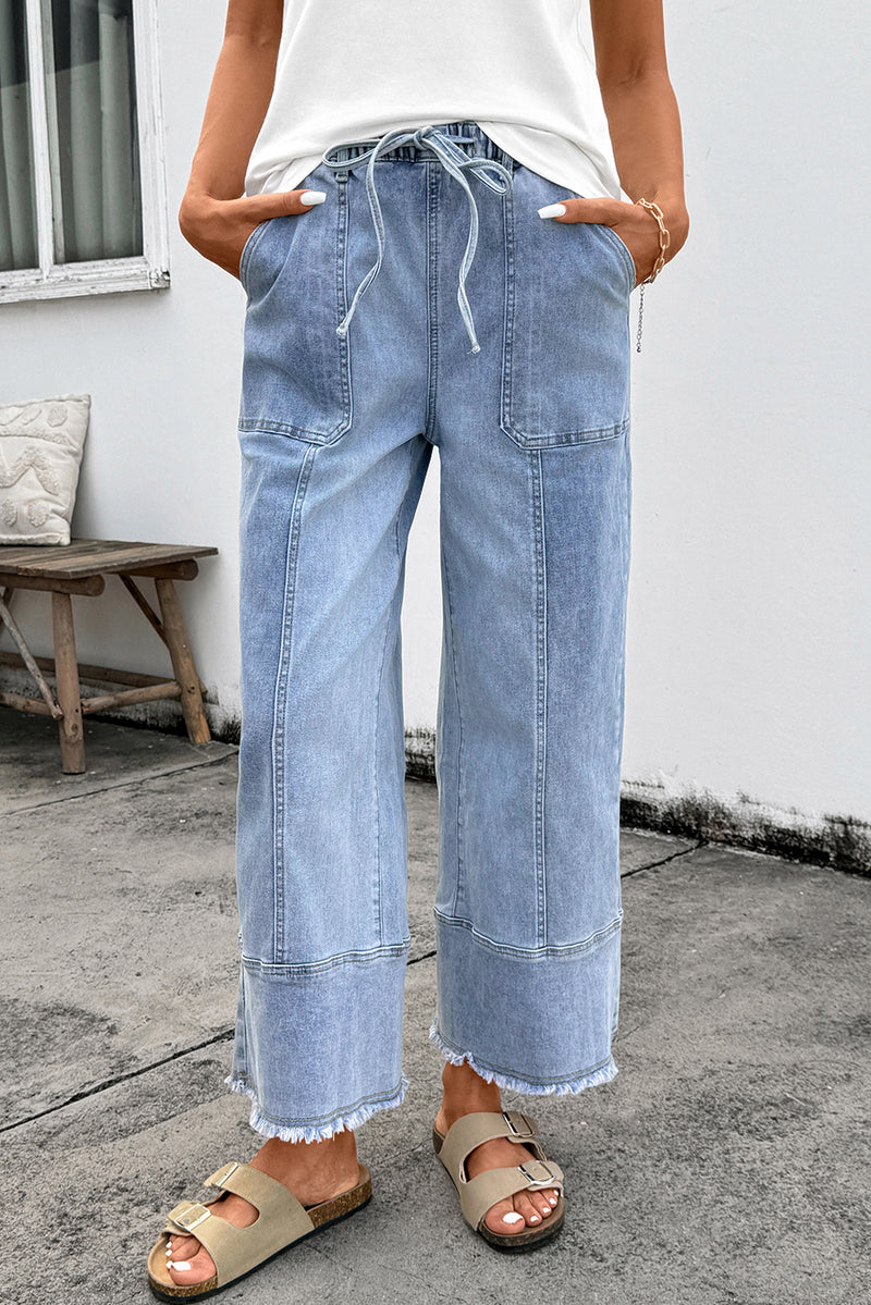 Drawstring Seam Detail Raw Hem Wide Leg Denim Pants
