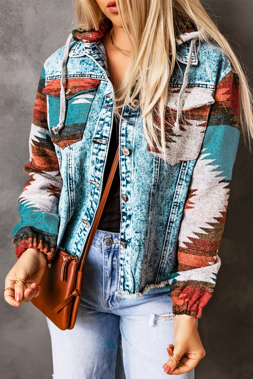 Multicolored Trucker Aztec Print Frayed Hem Denim Jacket
