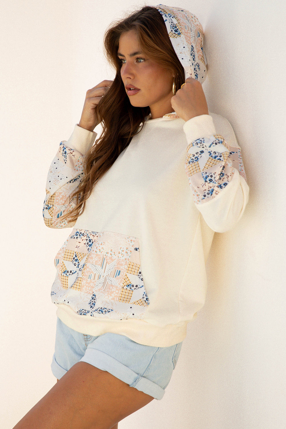 Western Geo Pattern Patchwork Hoodie with Kangaroo Pocket